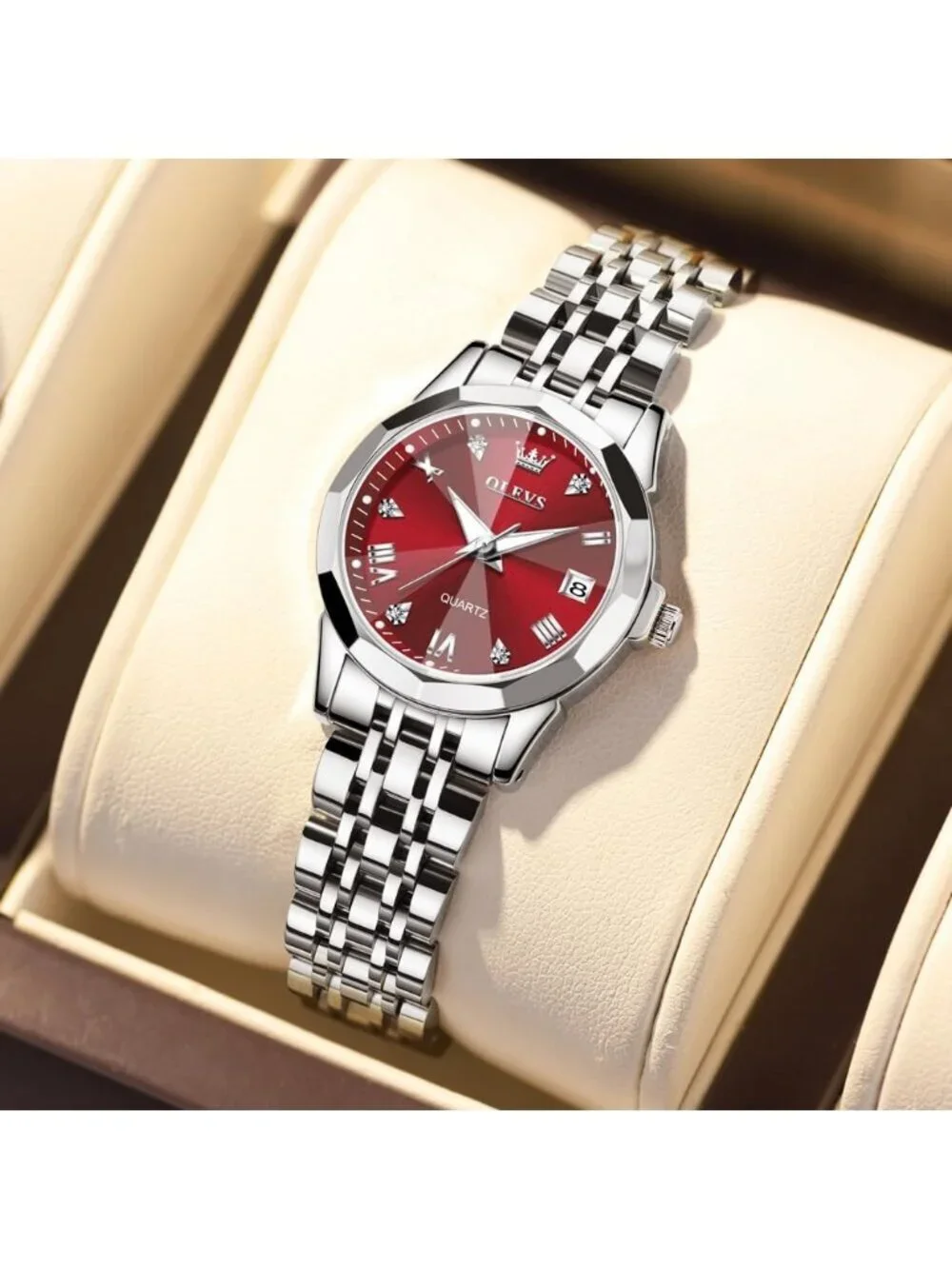 Women's Silver Red Stainless Steel Luxury Ladies Waterproof Writs Diamond Watch